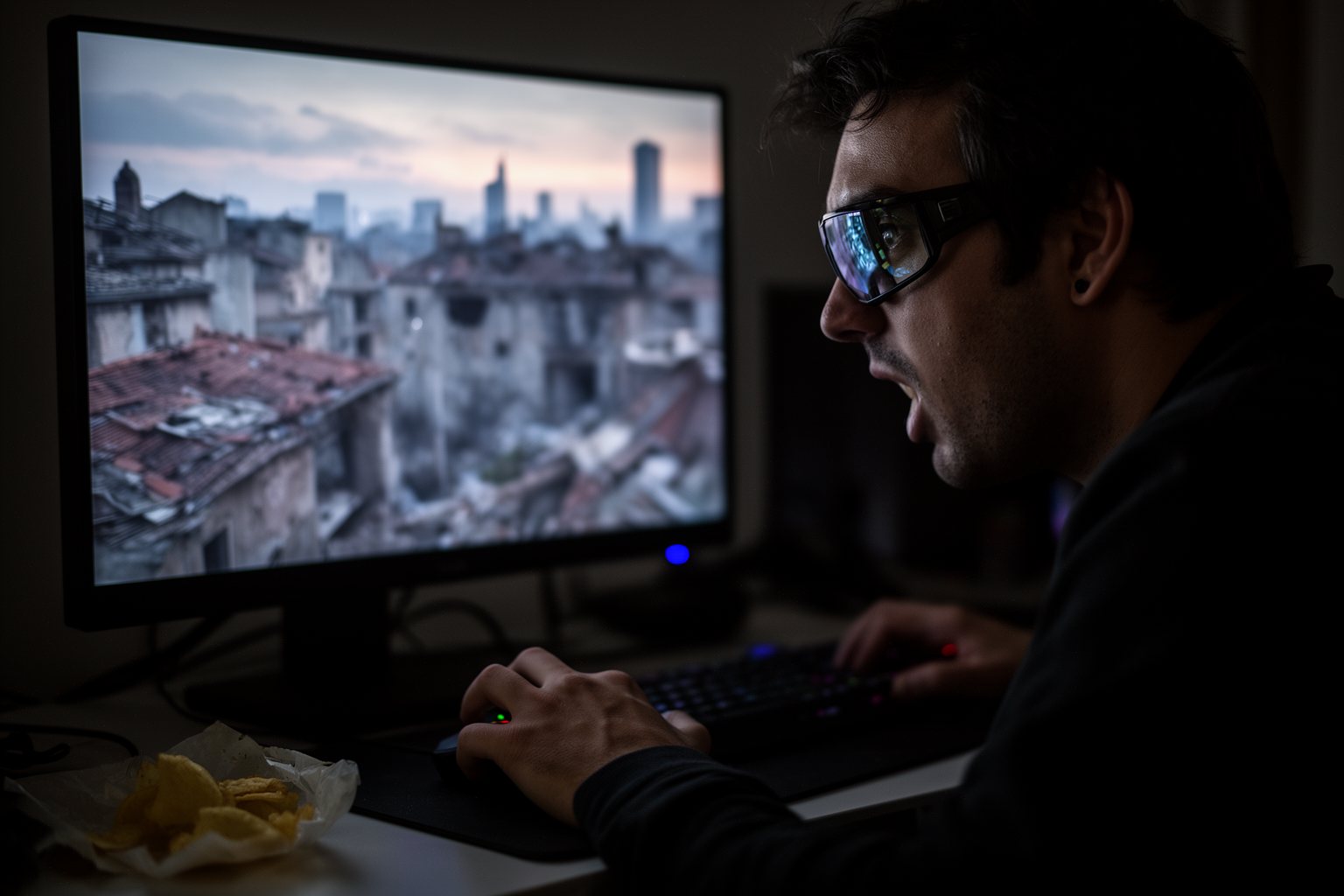 Top 10 PC Games You Can't Afford To Miss Gamer gripping the mouse during a tense survival game set in a ruined city at night