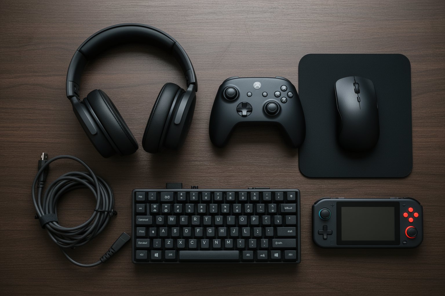 Revealed! Top 10 Gaming Gadgets You Can't Live Without! Overhead view of gaming gadgets on a desk: headset, controller, mouse, keyboard and handheld console