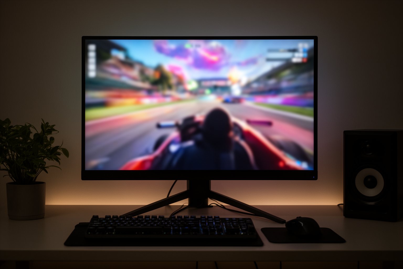 Revealed! Top 10 Gaming Gadgets You Can't Live Without! High refresh rate gaming monitor on a tidy desk showing a fast racing game