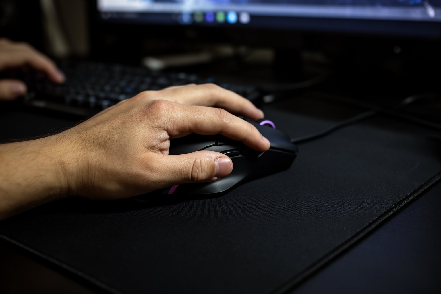 Revealed! Top 10 Gaming Gadgets You Can't Live Without! Gamer's hand gripping an ergonomic gaming mouse on a large cloth mouse pad