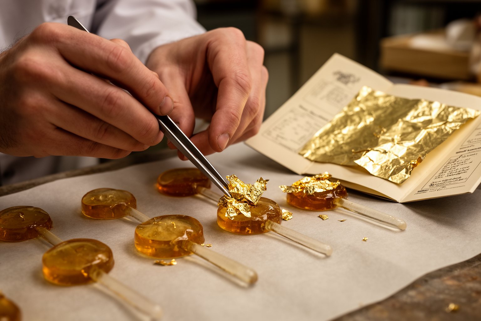 Confectioner applying edible gold leaf to clear amber lollipops