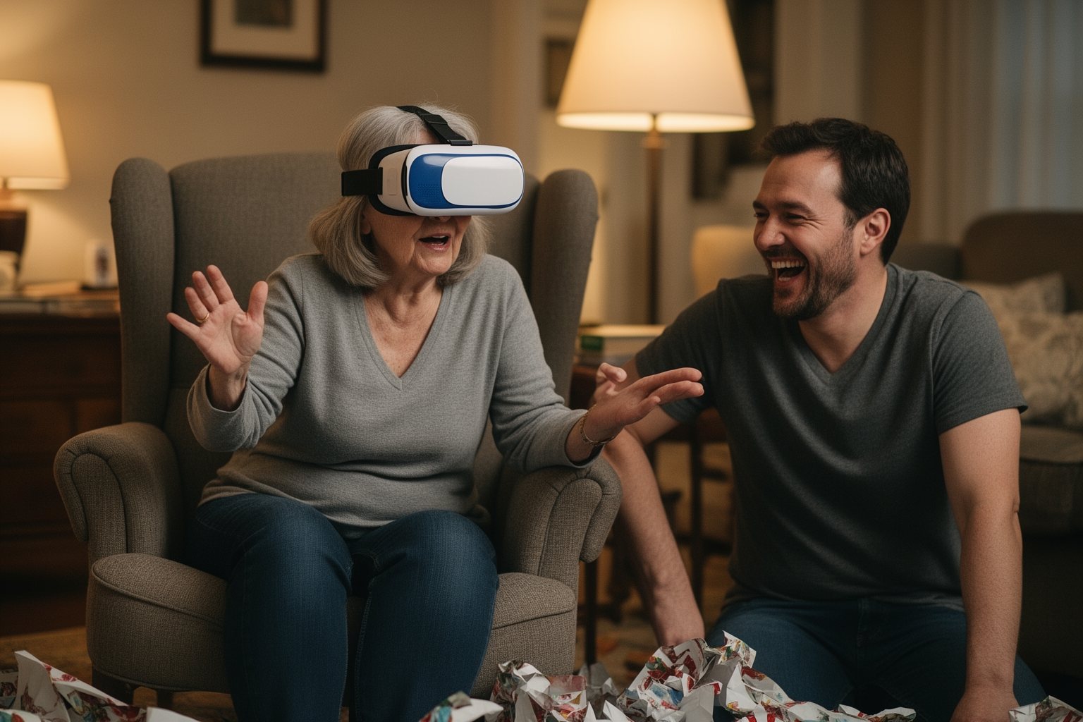 Woman in her sixties trying a smartphone VR headset for the first time, reaching out in wonder