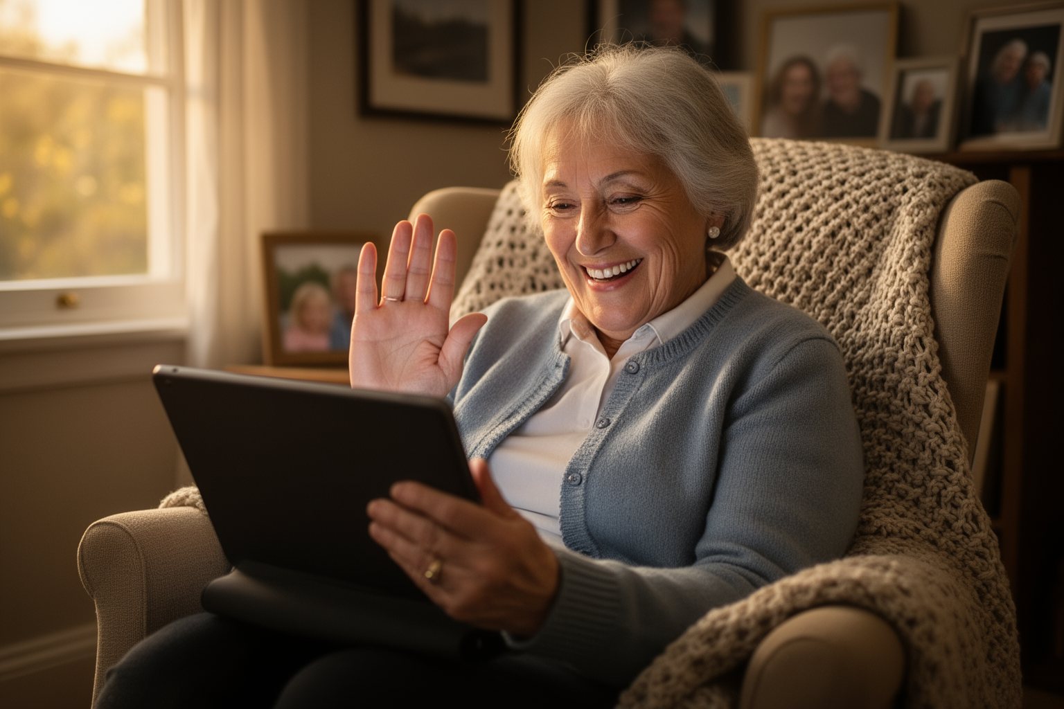 Pros and Cons of Social Media: A Double-Edged Sword Grandmother smiling on a video call with family on a tablet