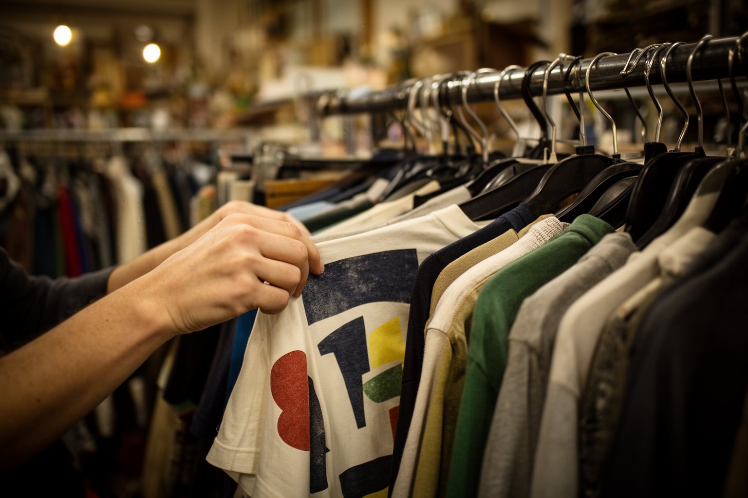 10 Must-Have Fashion Items for Teen Boys Hand flicking through graphic tees with abstract prints on a thrift store rack