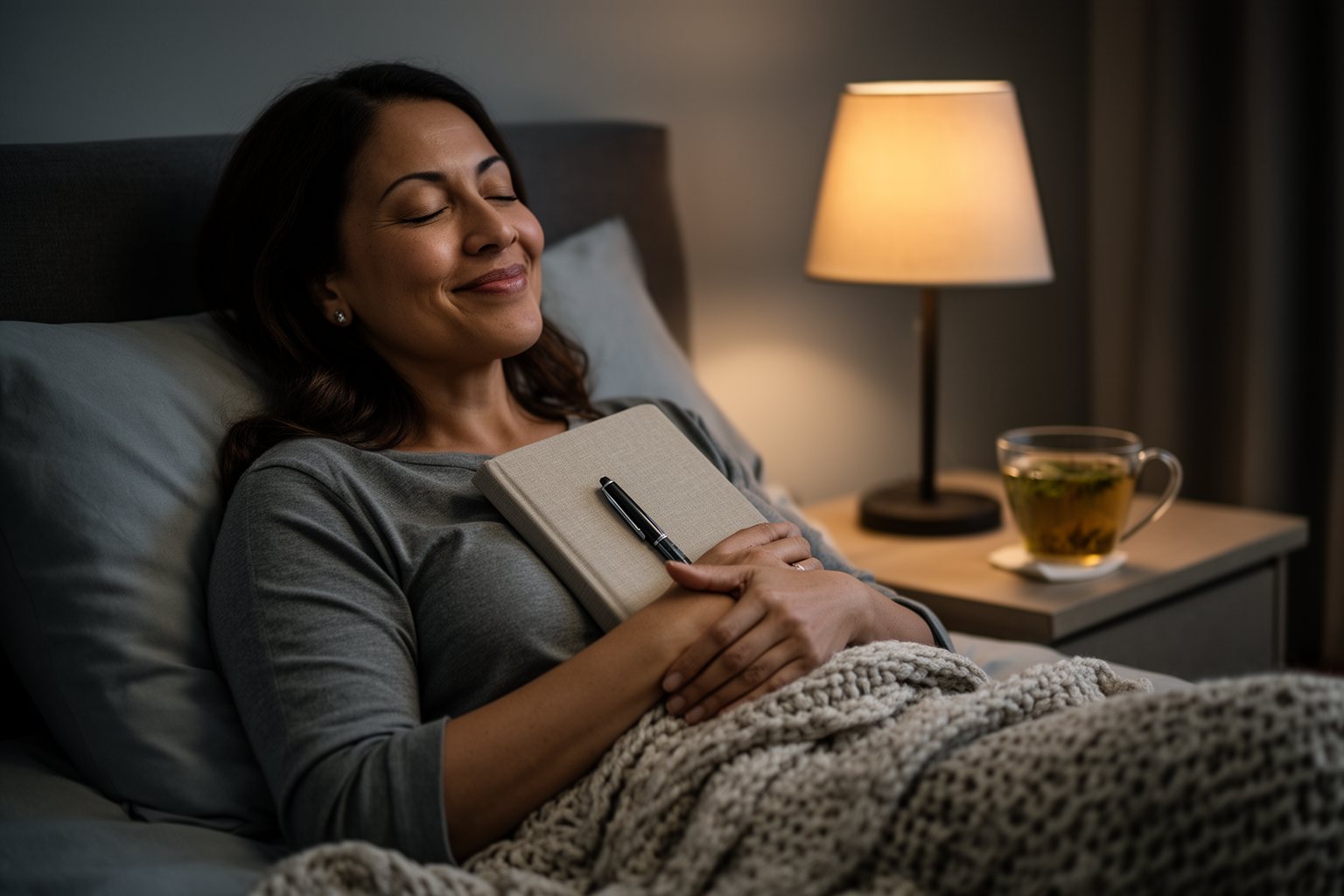 Person with a gratitude journal by a bedside lamp in the evening
