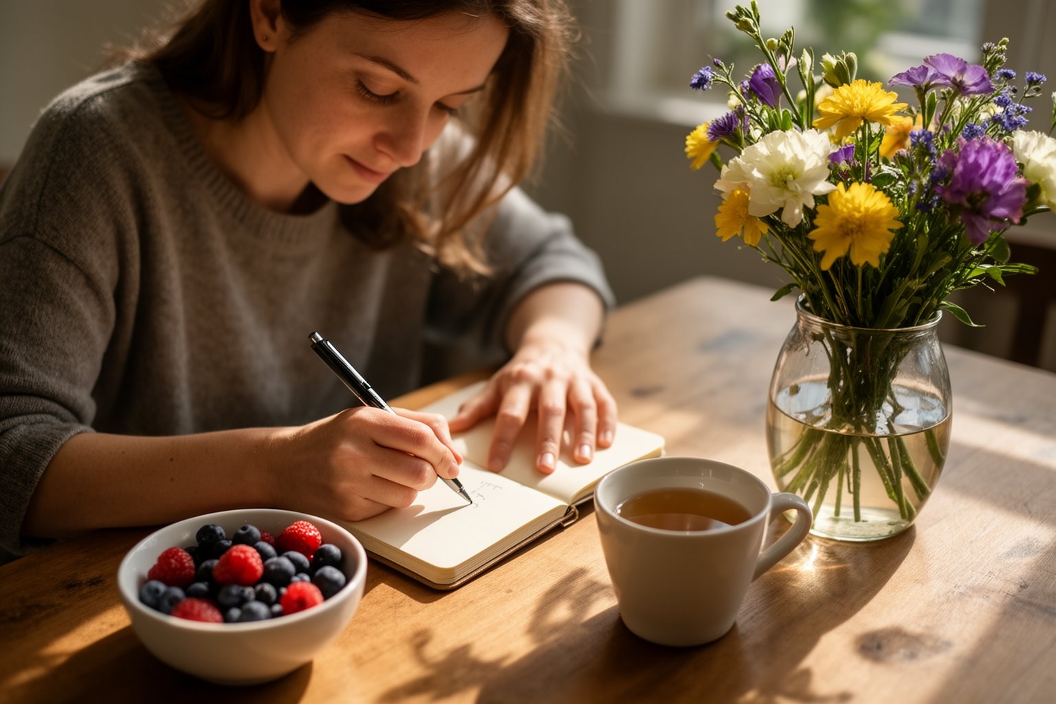 The Upside of Optimism: How to Always Look on the Bright Side Woman writing in a gratitude journal at a sunny breakfast table