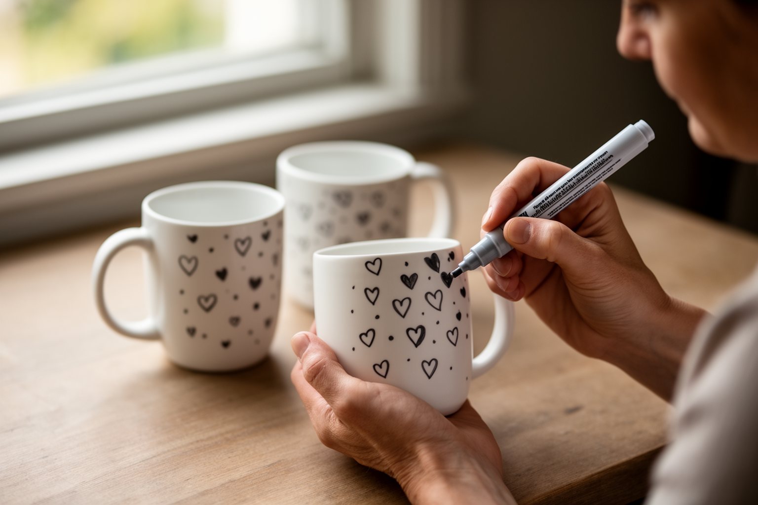 10 DIY Gifts for Teen Girls That Will Impress Hands painting a simple pattern onto a white ceramic mug with a porcelain pen