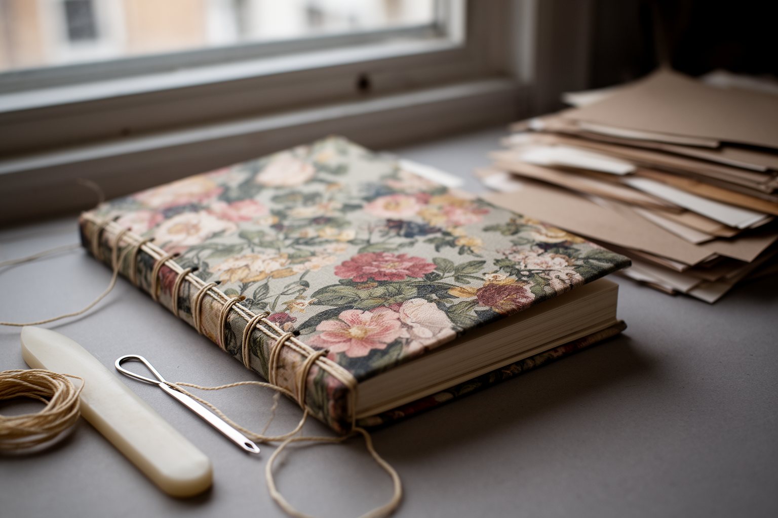 10 DIY Gifts for Teen Girls That Will Impress Hand-bound notebook with a fabric cover, needle and thread on a craft desk