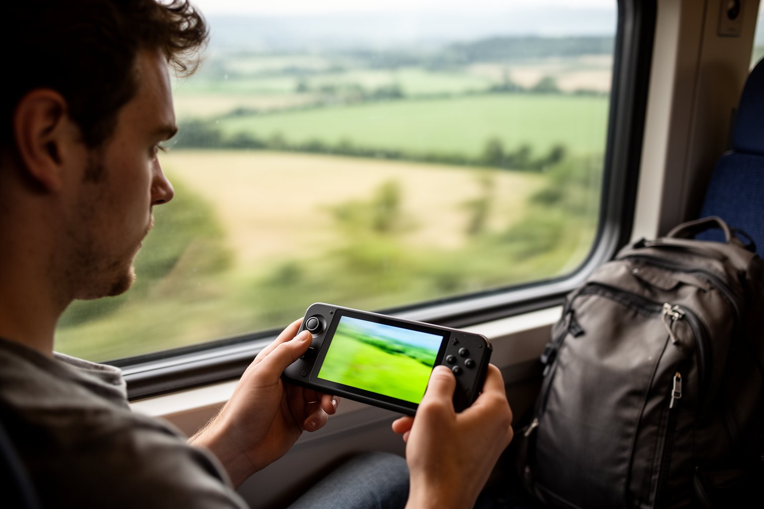Top 10 Games of 2023: The Best of Every Genre Traveller playing an open-world adventure game on a handheld console on a train