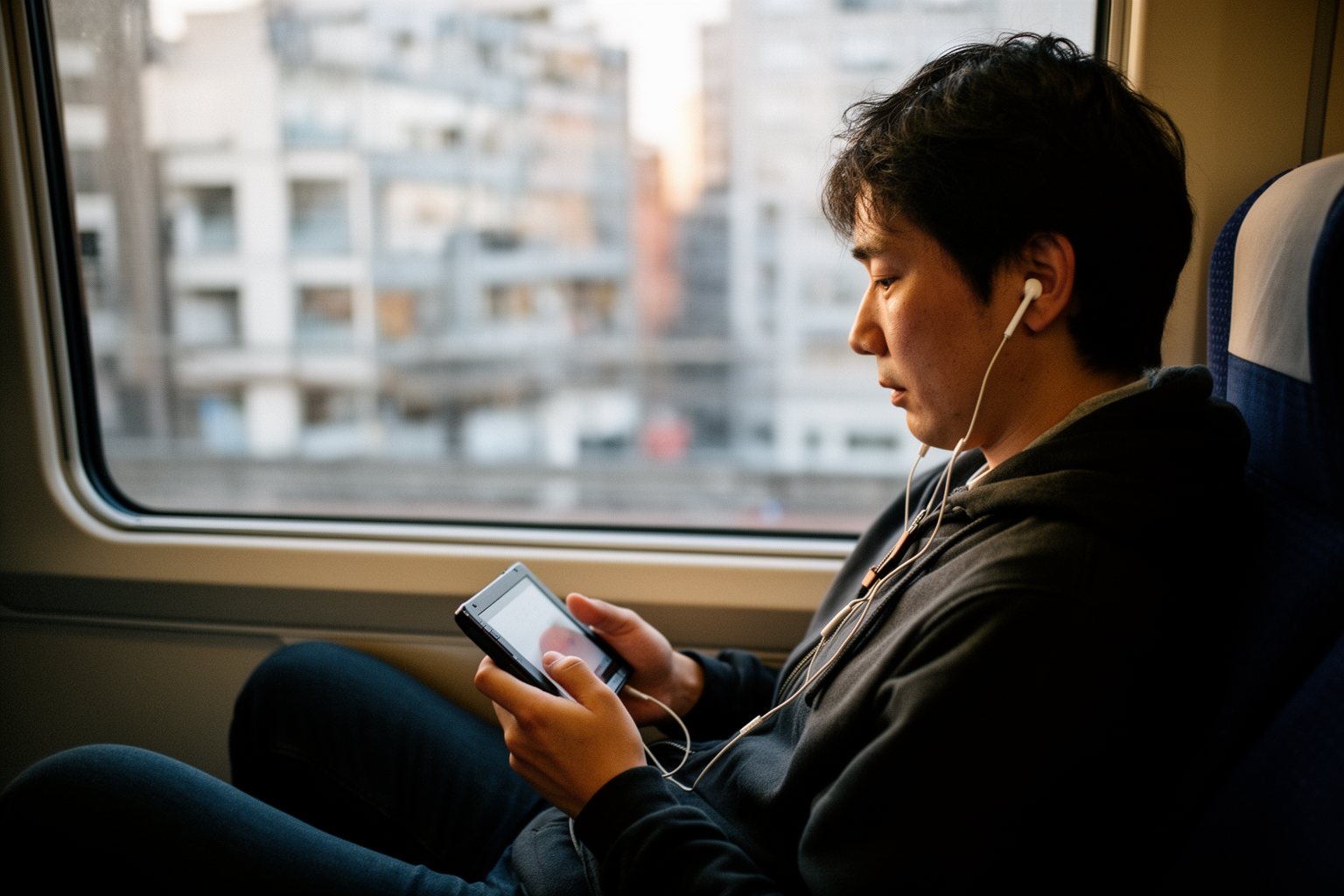 Revealed! Top 10 Gaming Gadgets You Can't Live Without! Commuter playing a handheld console on a train seat with the city passing outside