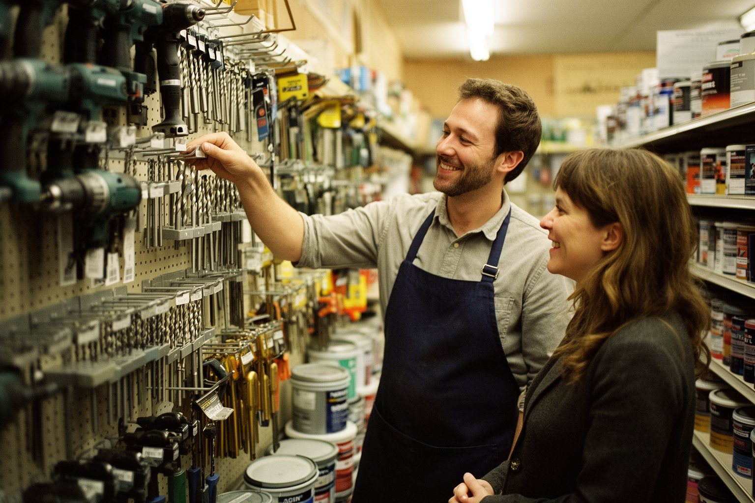 Hardware store employee helping a customer choose the right tool