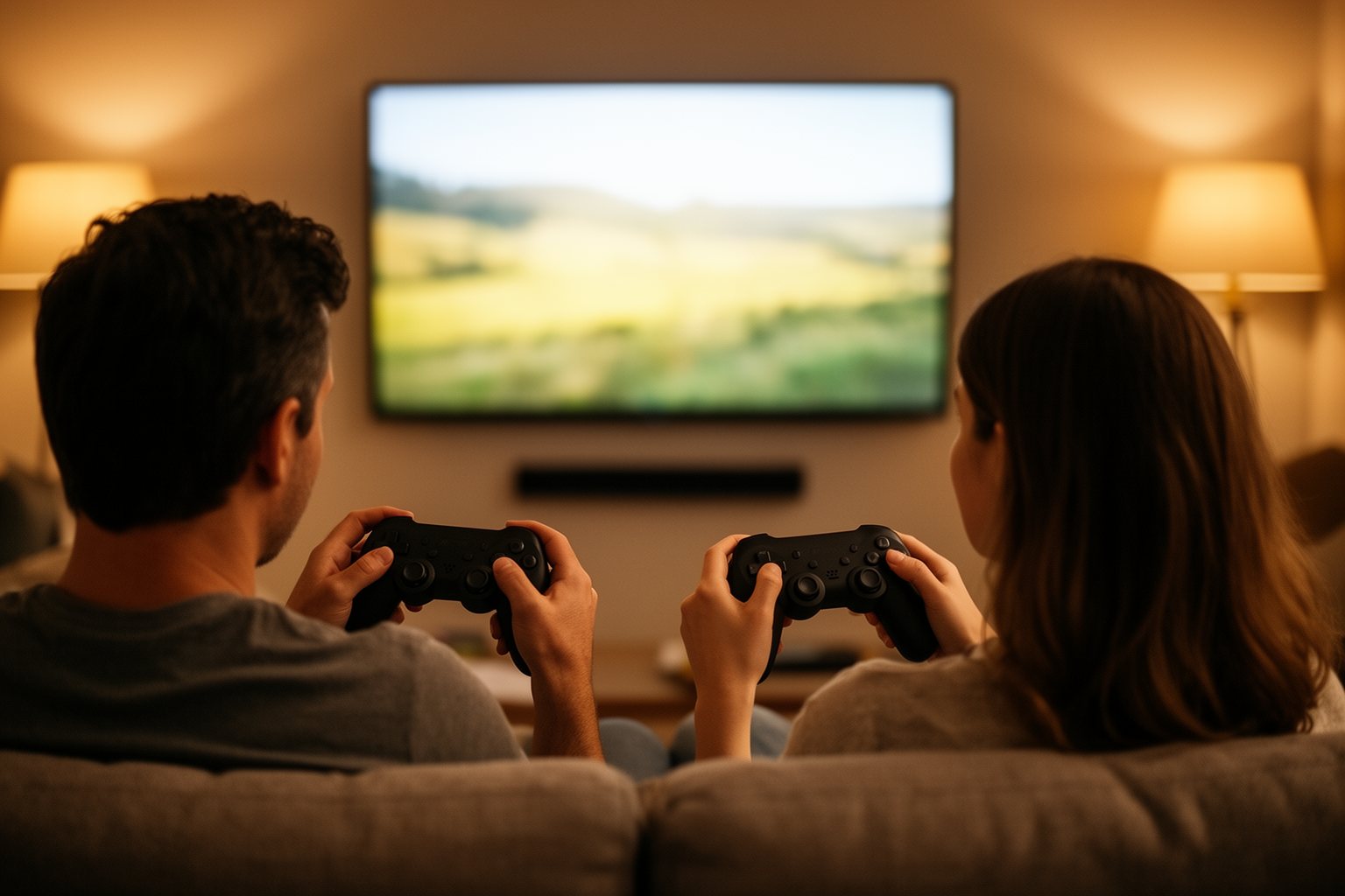 Couple playing a detailed HD console game on a large flat-screen TV in the evening
