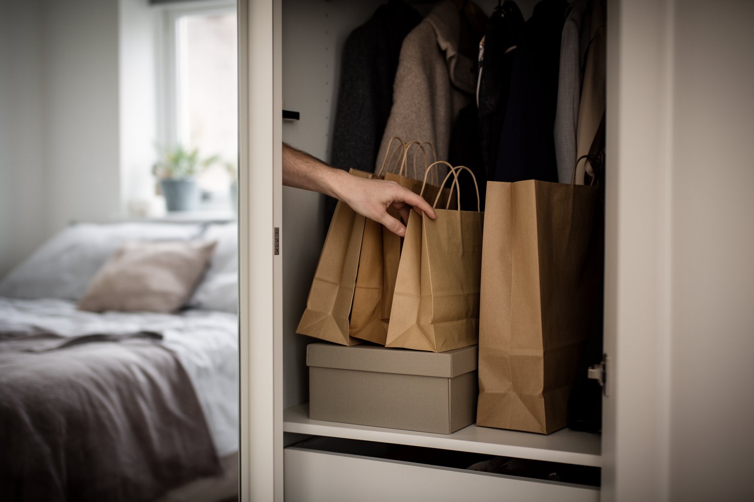 Money Secrets in Relationships: Rebuilding Love and Trust Shopping bags hidden at the back of a wardrobe, a sign of secretive spending