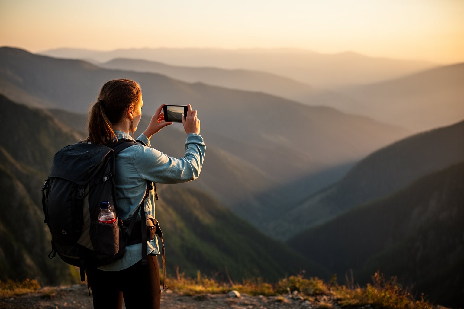 Samsung Galaxy S24 Features: Design, Camera and Battery Hiker photographing a mountain view with a smartphone at a scenic lookout