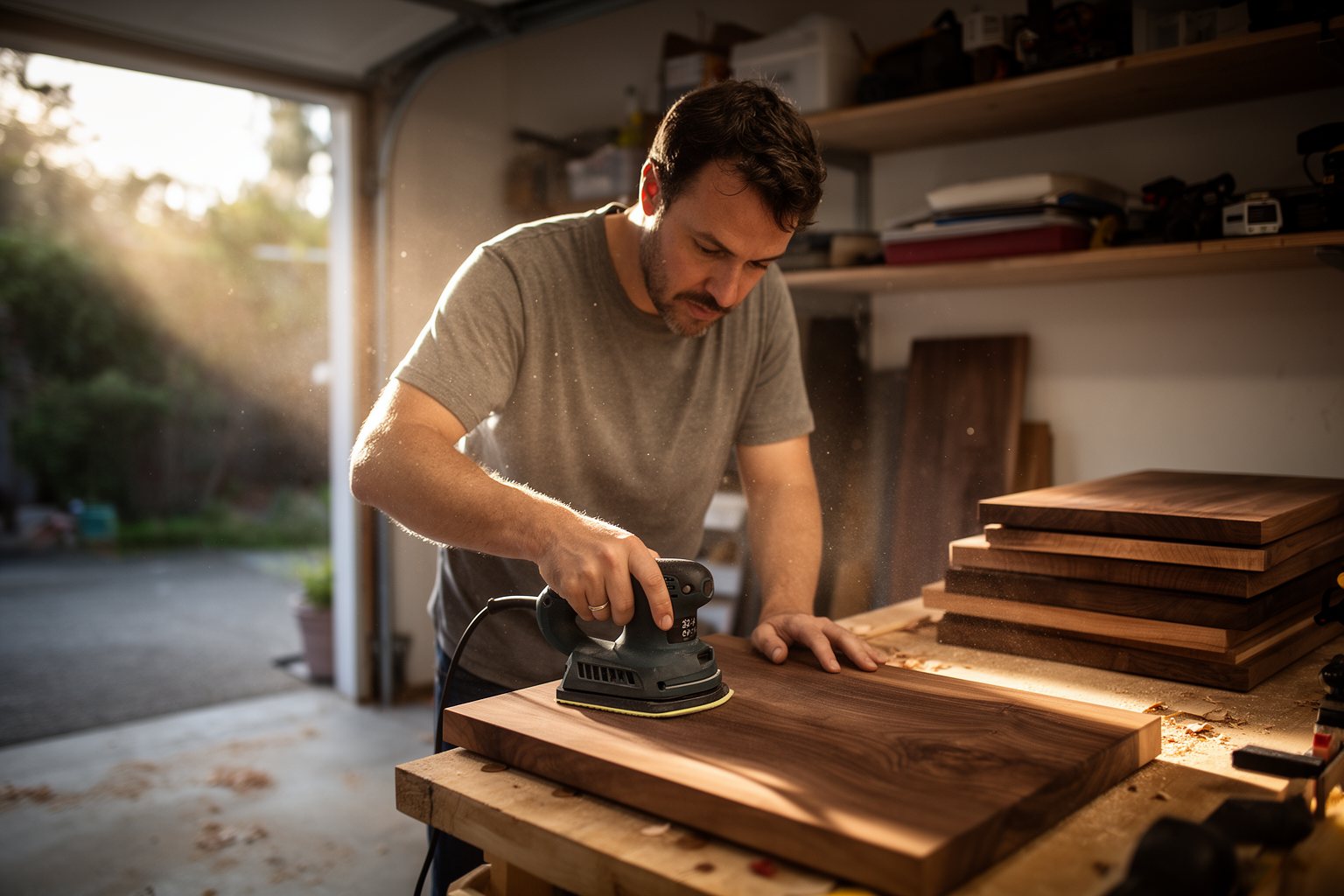 Revealed: The Side Hustle Secrets That Your 9-5 Doesn’t Want You to Know Man sanding a handmade cutting board in his garage workshop, turning a skill into a side hustle