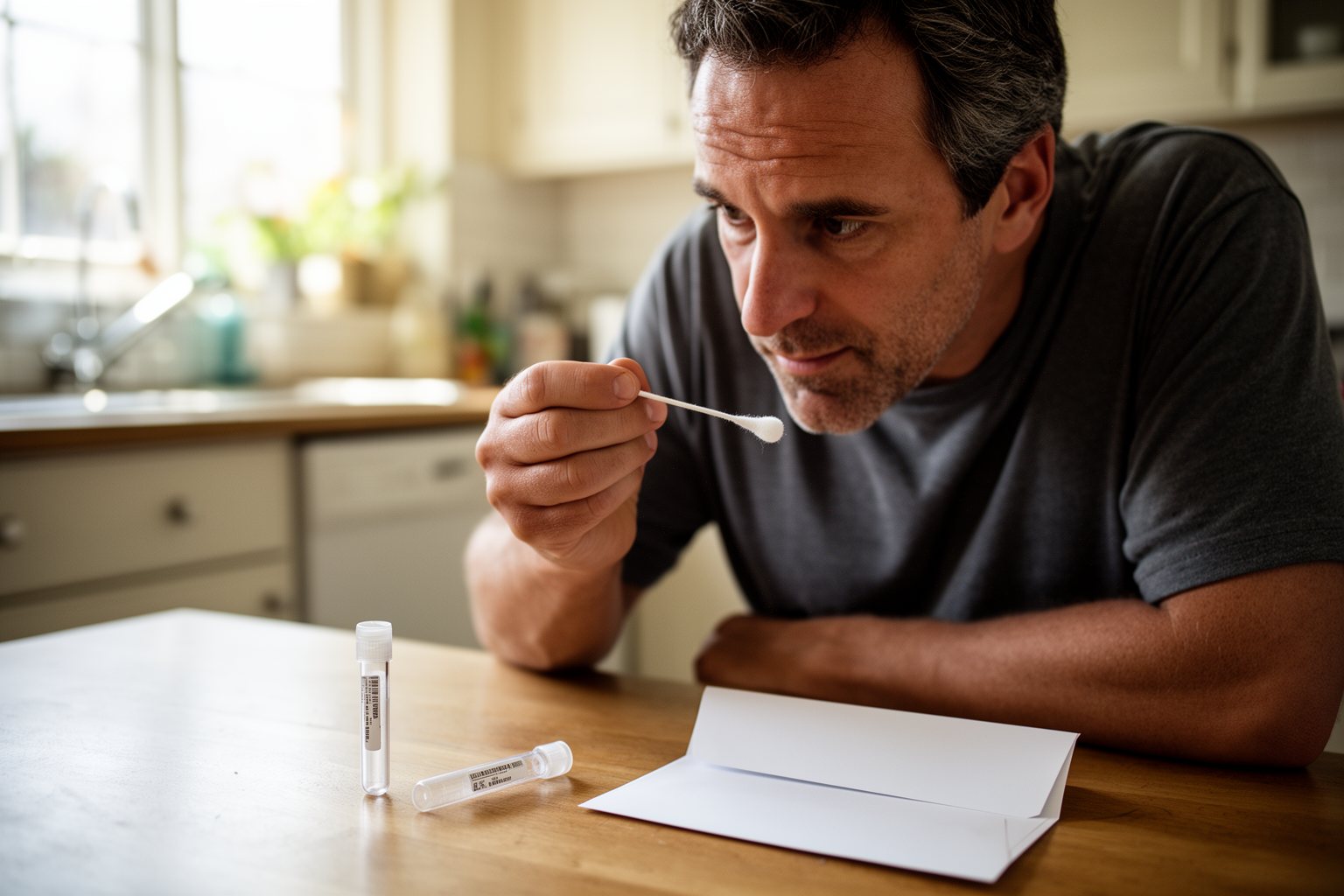 Man using a cheek swab from a home DNA kit at the kitchen table