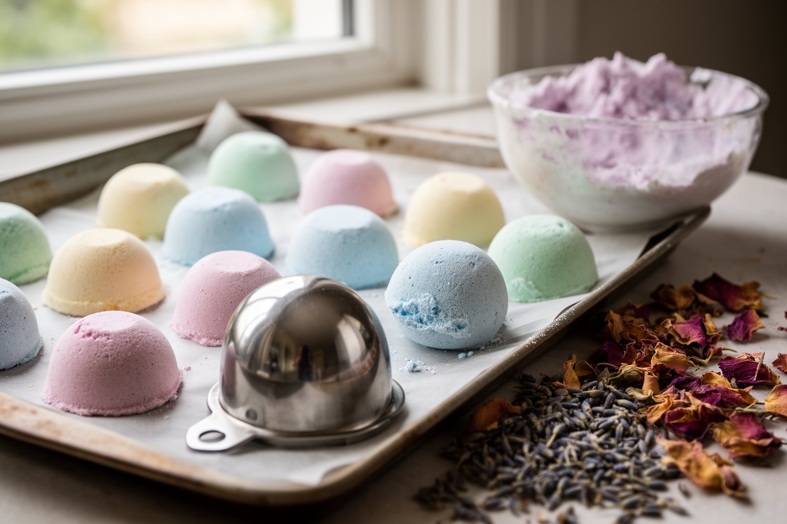 10 DIY Gifts for Teen Girls That Will Impress Homemade pastel bath bombs drying on a tray beside moulds and dried petals