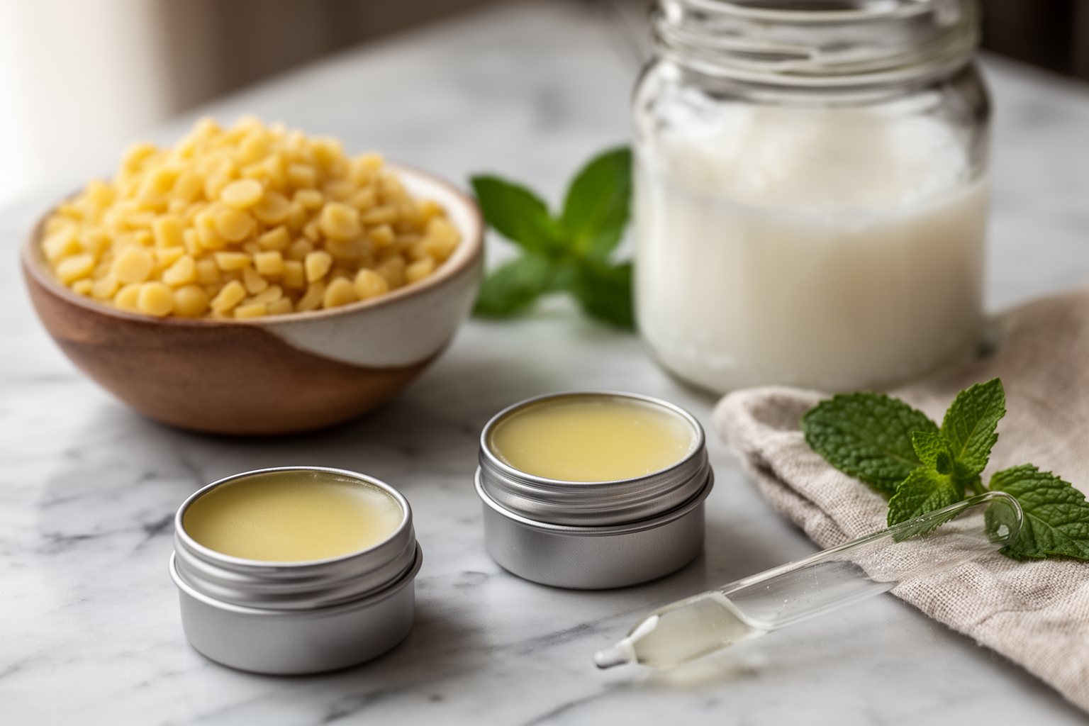 10 DIY Gifts for Teen Girls That Will Impress Small tins of homemade lip balm beside beeswax pellets and coconut oil