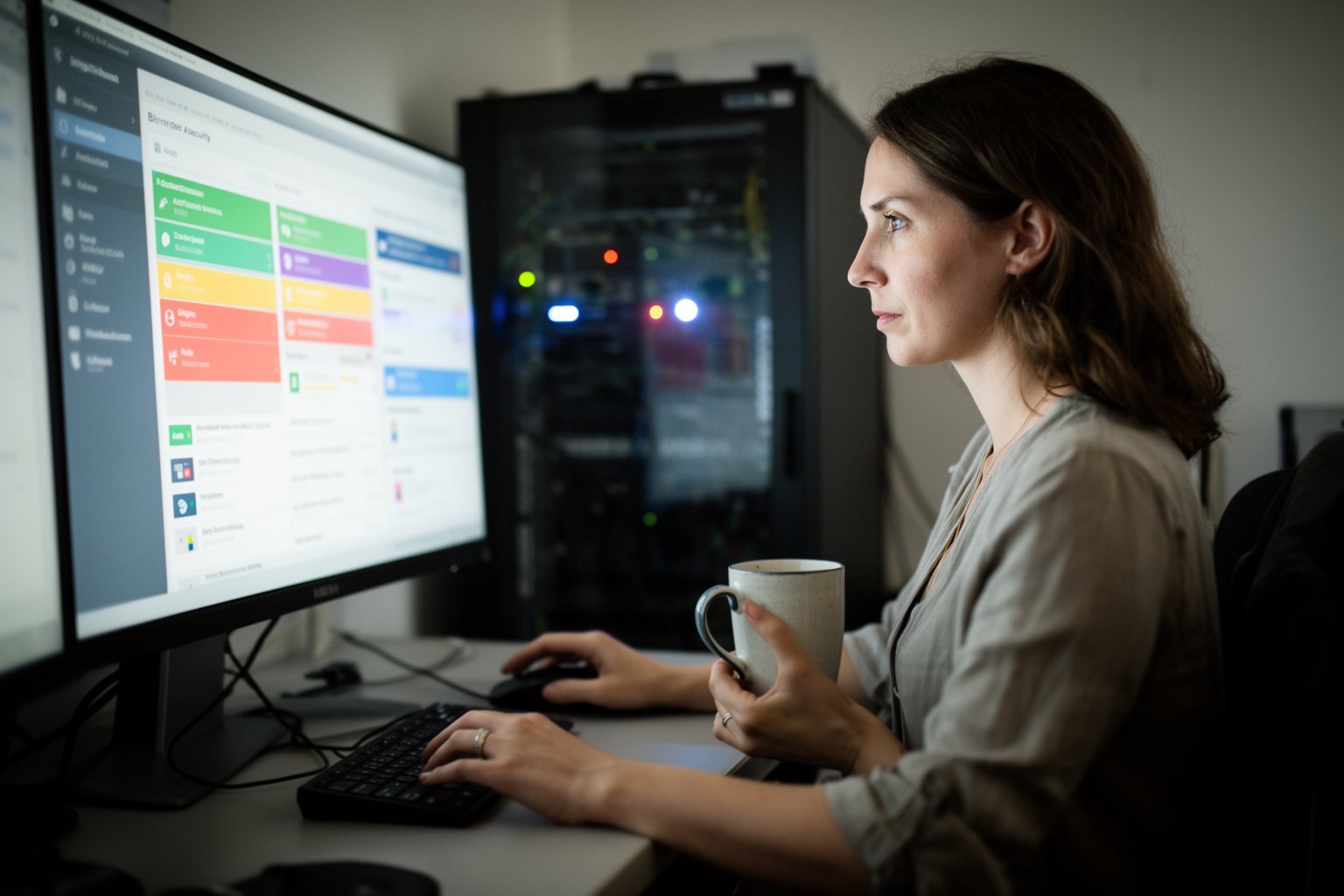IT administrator reviewing a security dashboard on a large monitor in a small office
