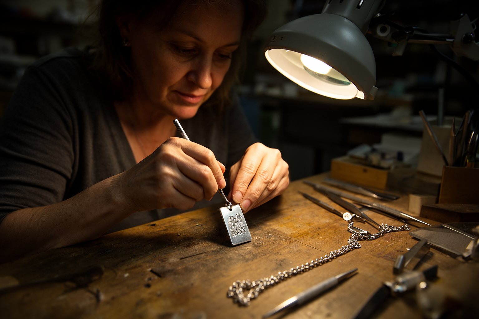 Jeweller engraving a silver pendant at a workbench for a personalised DNA necklace