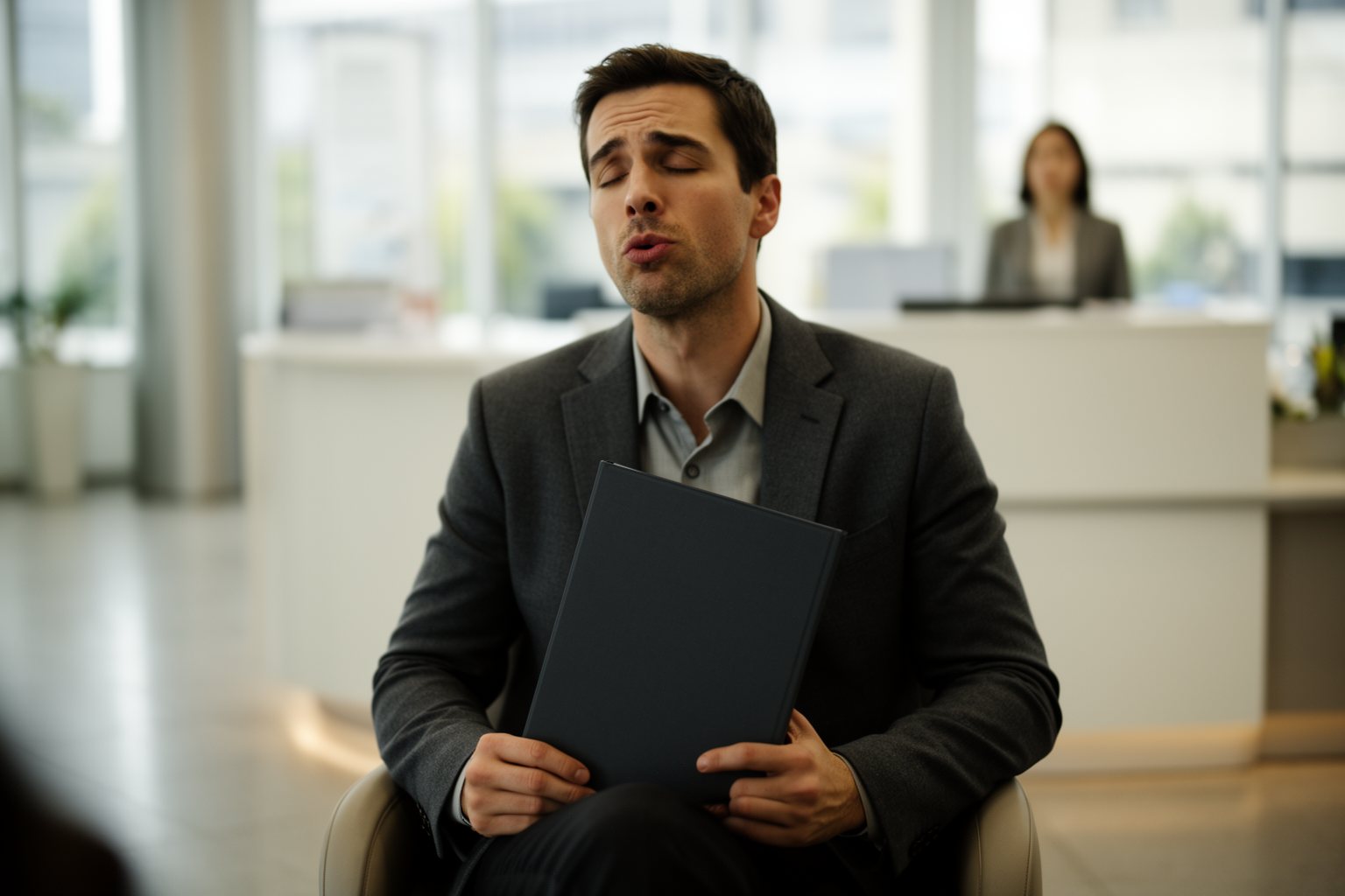 Grit and Grind: Your Layoff Survival Guide Job seeker in a blazer waiting in an office lobby before an interview