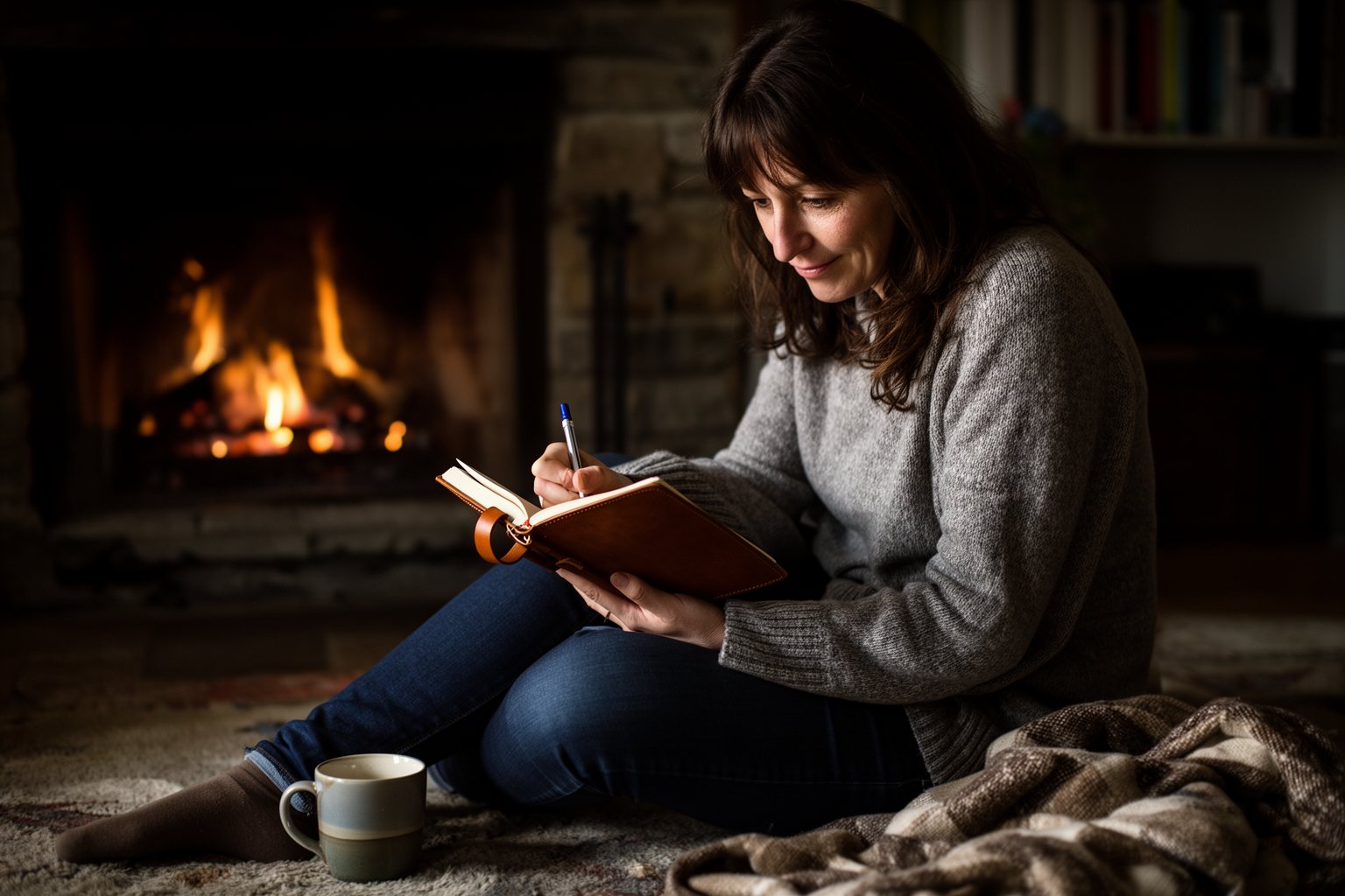 The Ultimate Guide to Spending Holidays Alone Woman writing in a journal by a fireplace, reflecting and setting goals