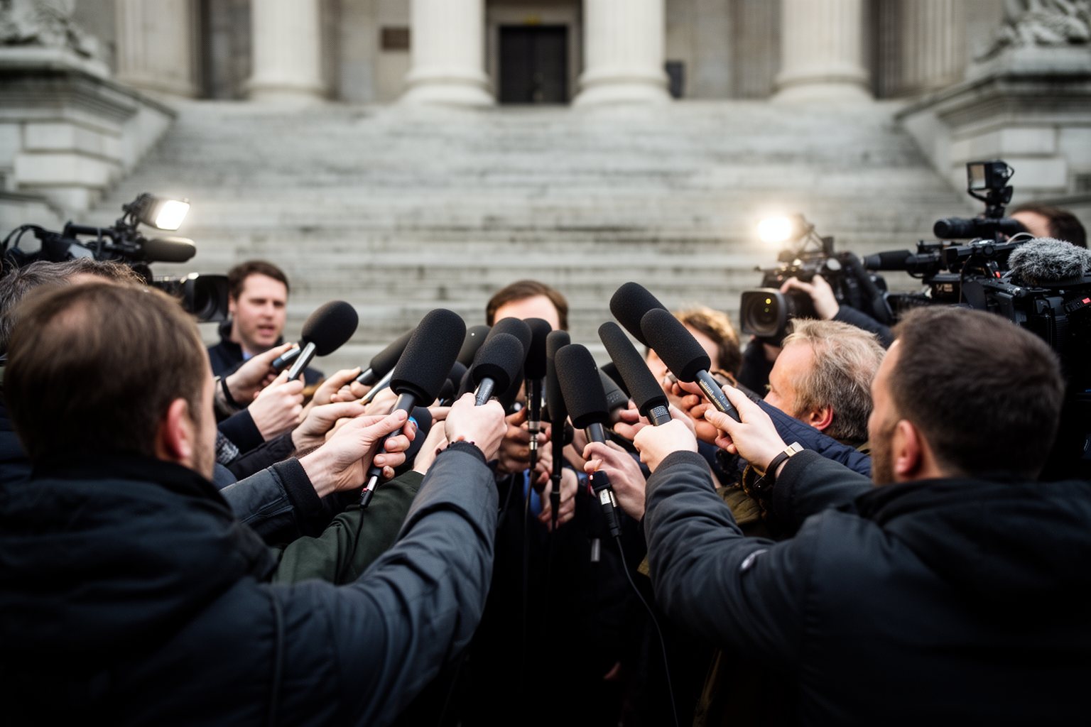 Star-Politicos: Is Mixing Celebrities and Politics a Ticking Time Bomb? Journalists thrusting microphones toward an unseen public figure in a press scrum