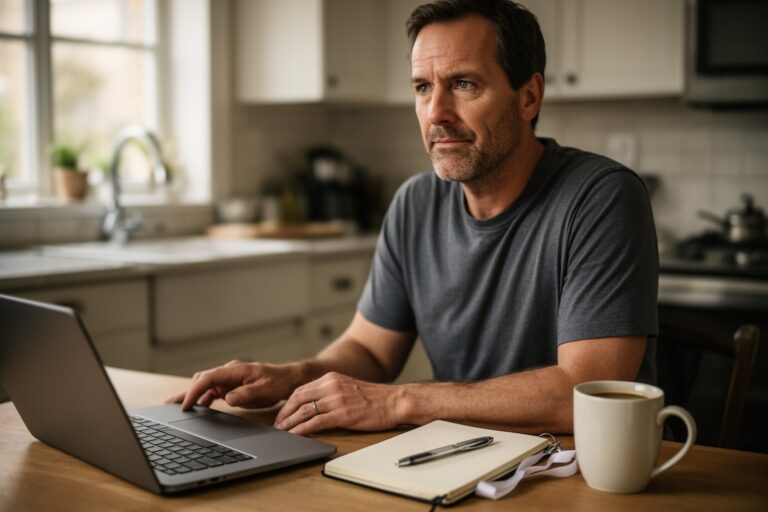 Grit and Grind: Your Layoff Survival Guide Man planning his next steps at a kitchen table with a laptop and notebook after a layoff
