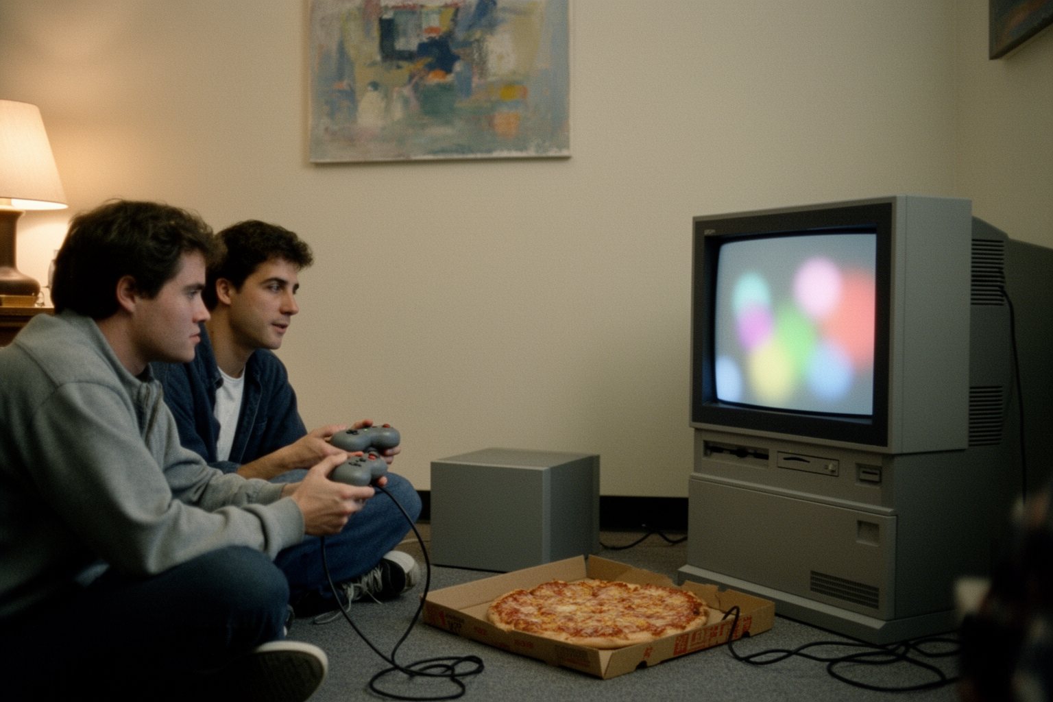 Friends in a late 1990s dorm room playing an early 3D console game on a CRT television