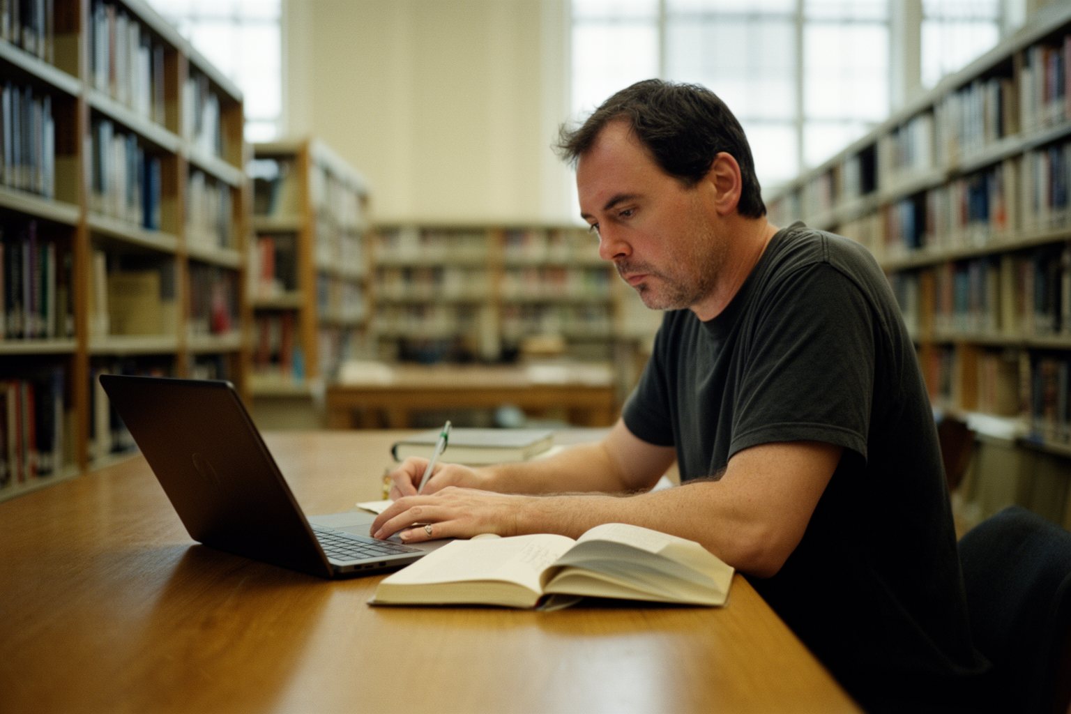 Grit and Grind: Your Layoff Survival Guide Man studying a new skill on a laptop at a public library after a job loss
