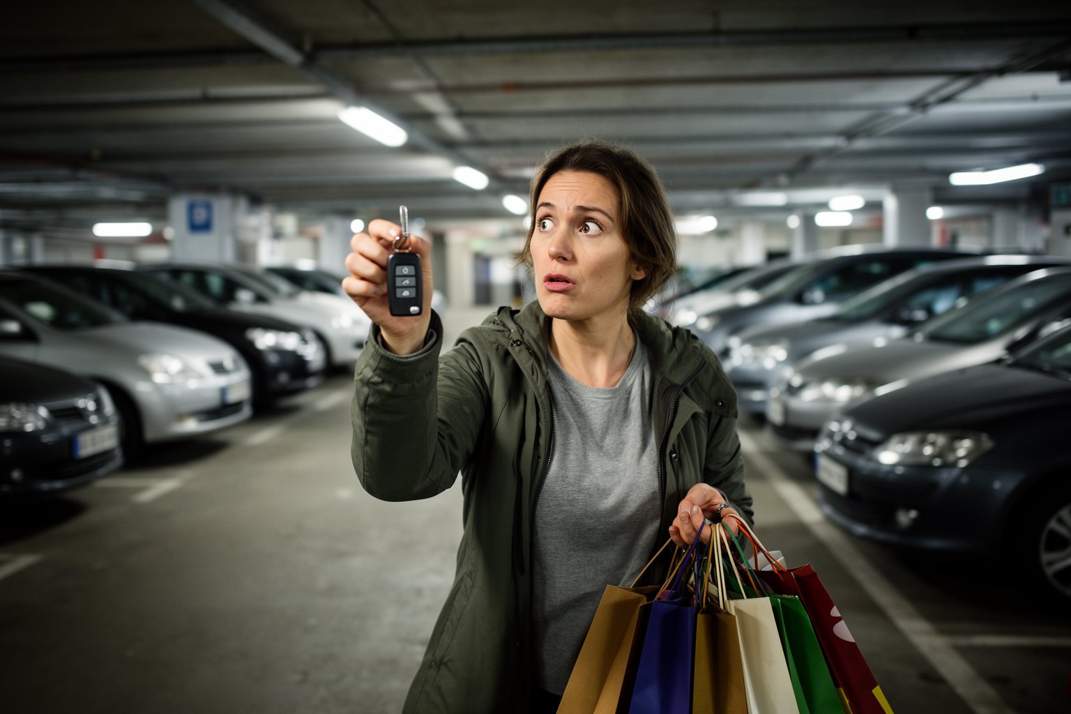 10 Hilarious Things That Happen to Everyone Shopper wandering a parking garage holding up car keys, unable to find the car