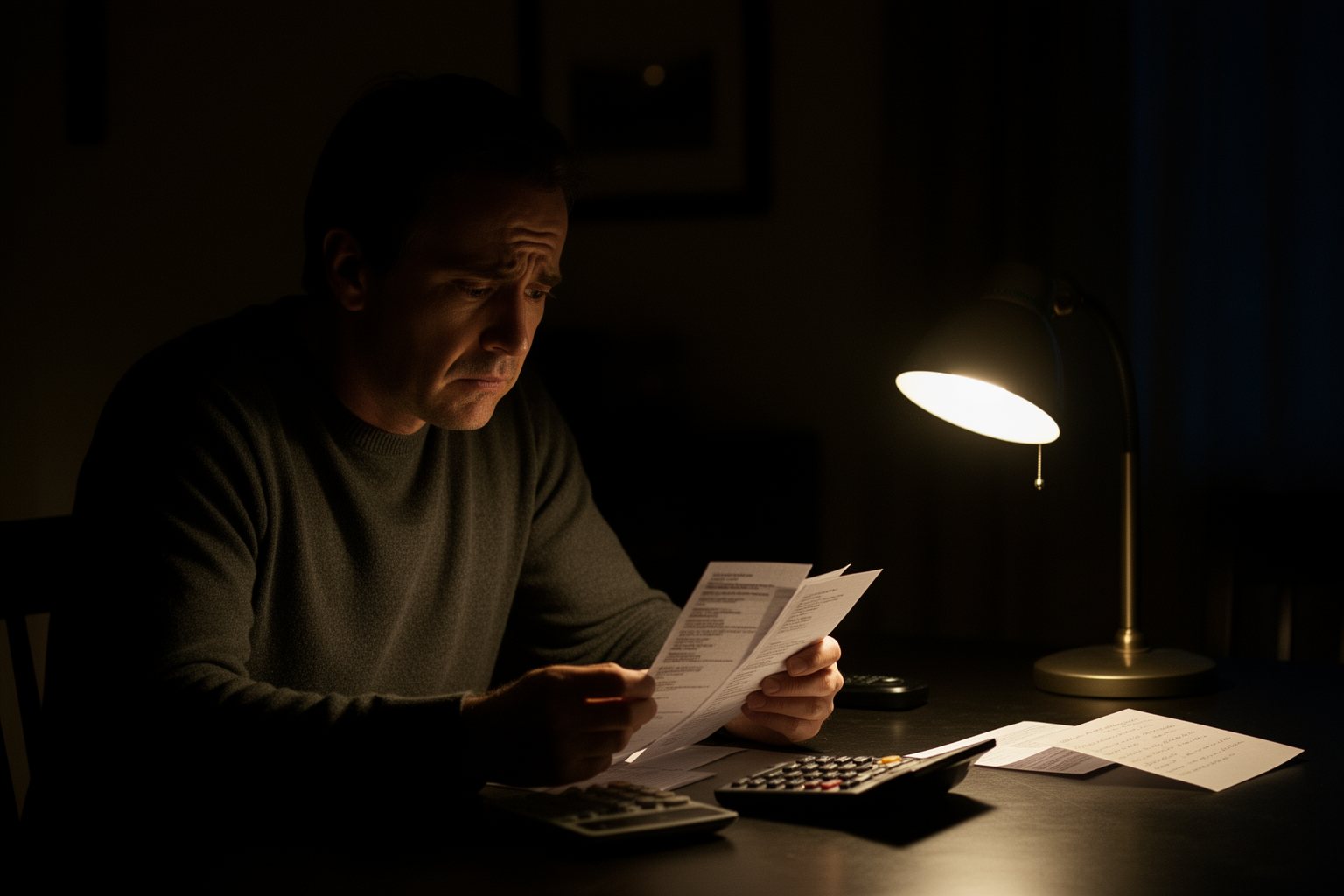 Money Secrets in Relationships: Rebuilding Love and Trust Man alone at night reviewing credit card statements he hasn't shared, a hidden debt
