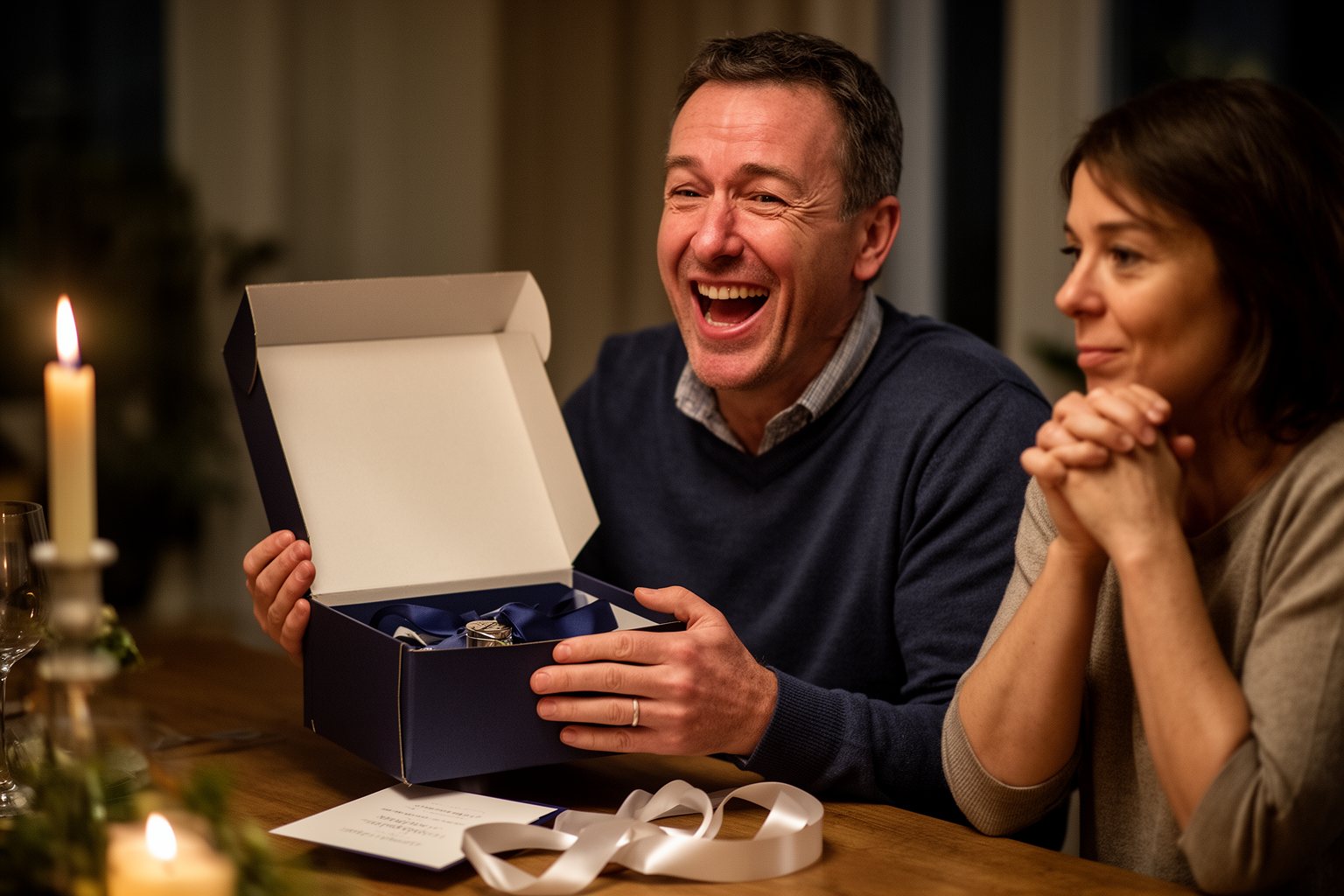 Man holding an open gift box with a delighted expression as his partner watches