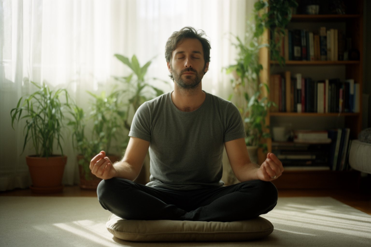 The Upside of Optimism: How to Always Look on the Bright Side Man meditating on a cushion in a sunlit living room