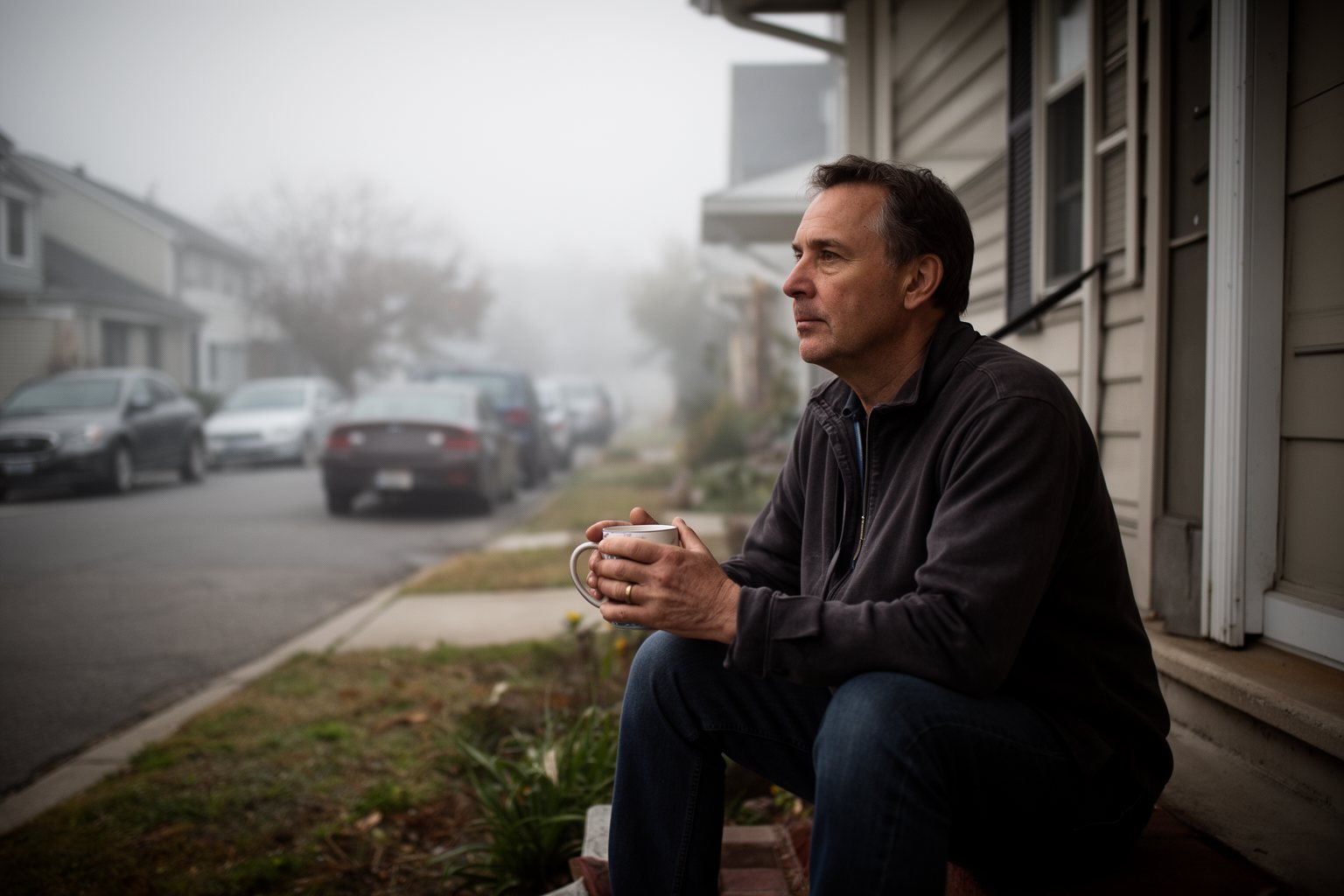 Grit and Grind: Your Layoff Survival Guide Man sitting on his porch steps with a coffee, processing the shock of a job loss
