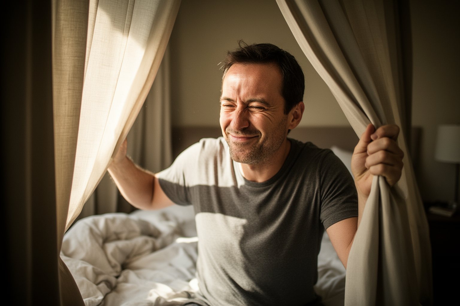 The Upside of Optimism: How to Always Look on the Bright Side Man opening bedroom curtains to morning light, choosing optimism for the day