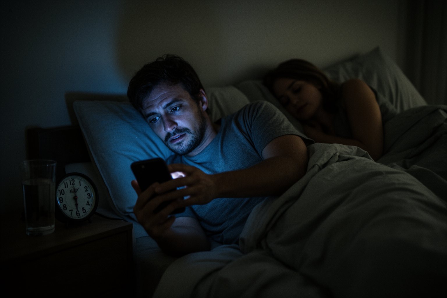 Pros and Cons of Social Media: A Double-Edged Sword Man scrolling social media in bed late at night, face lit by his phone