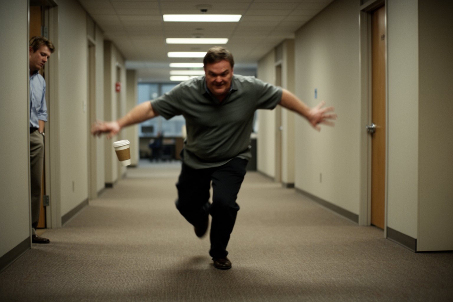 10 Hilarious Things That Happen to Everyone Man stumbling over nothing in an empty office corridor, coffee in hand