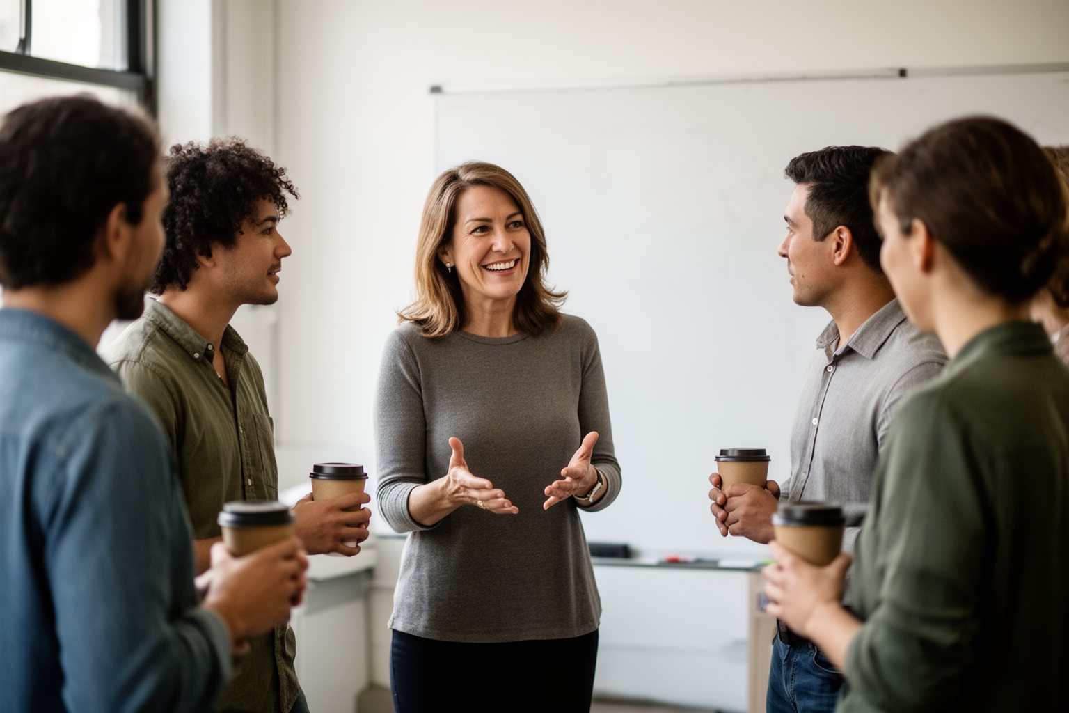 The Upside of Optimism: How to Always Look on the Bright Side Upbeat manager encouraging her team during a morning stand-up meeting