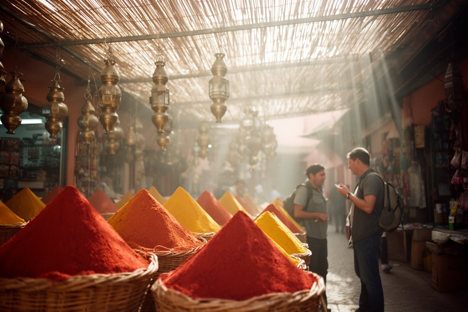 Unveiling the Top 10 Must-Visit Destinations: Your Ultimate Travel List Spice stalls and hanging brass lanterns in a busy covered souk in Marrakech's medina