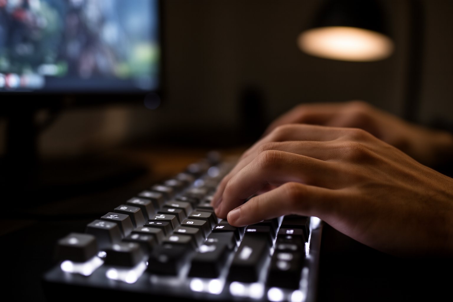 Revealed! Top 10 Gaming Gadgets You Can't Live Without! Close-up of hands on a mechanical gaming keyboard with soft backlighting during a game