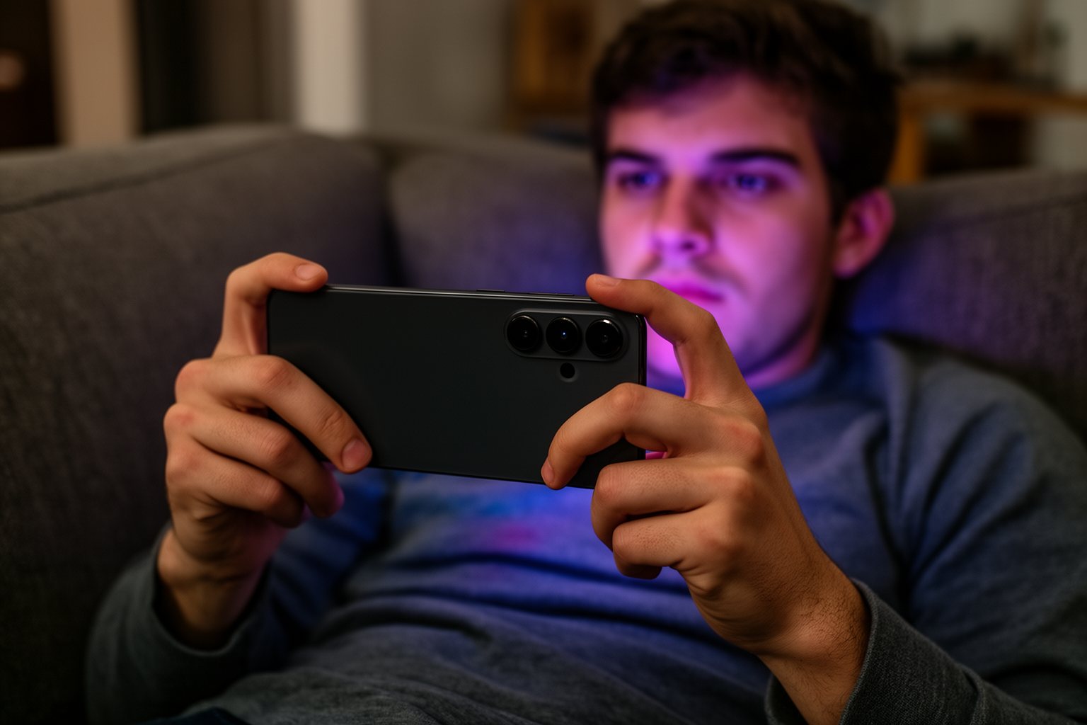 Samsung Galaxy S24 Features: Design, Camera and Battery Man playing a fast-paced mobile game in landscape on a smartphone, showing its performance