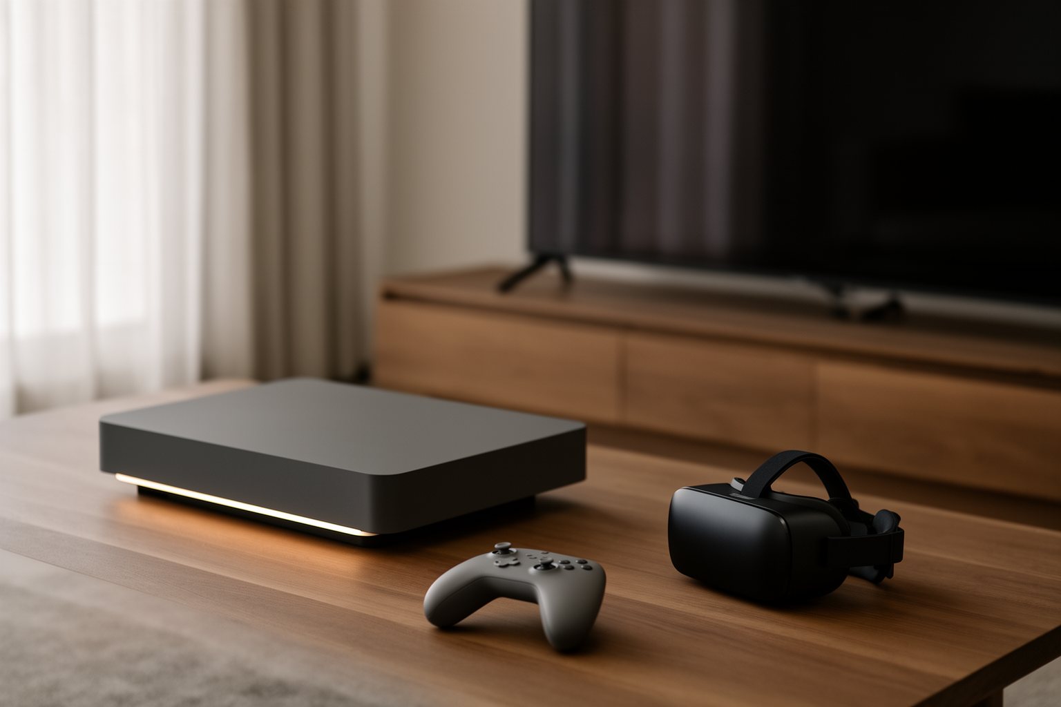 Modern game console beside a large 4K TV in a minimal living room with a VR headset on the table