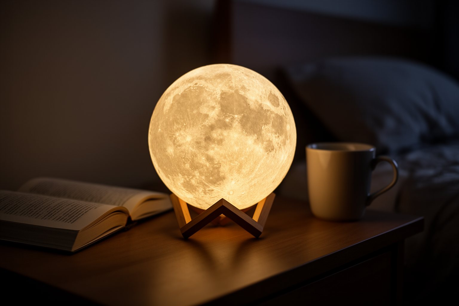 Glowing moon lamp on a wooden stand lighting a dark bedroom