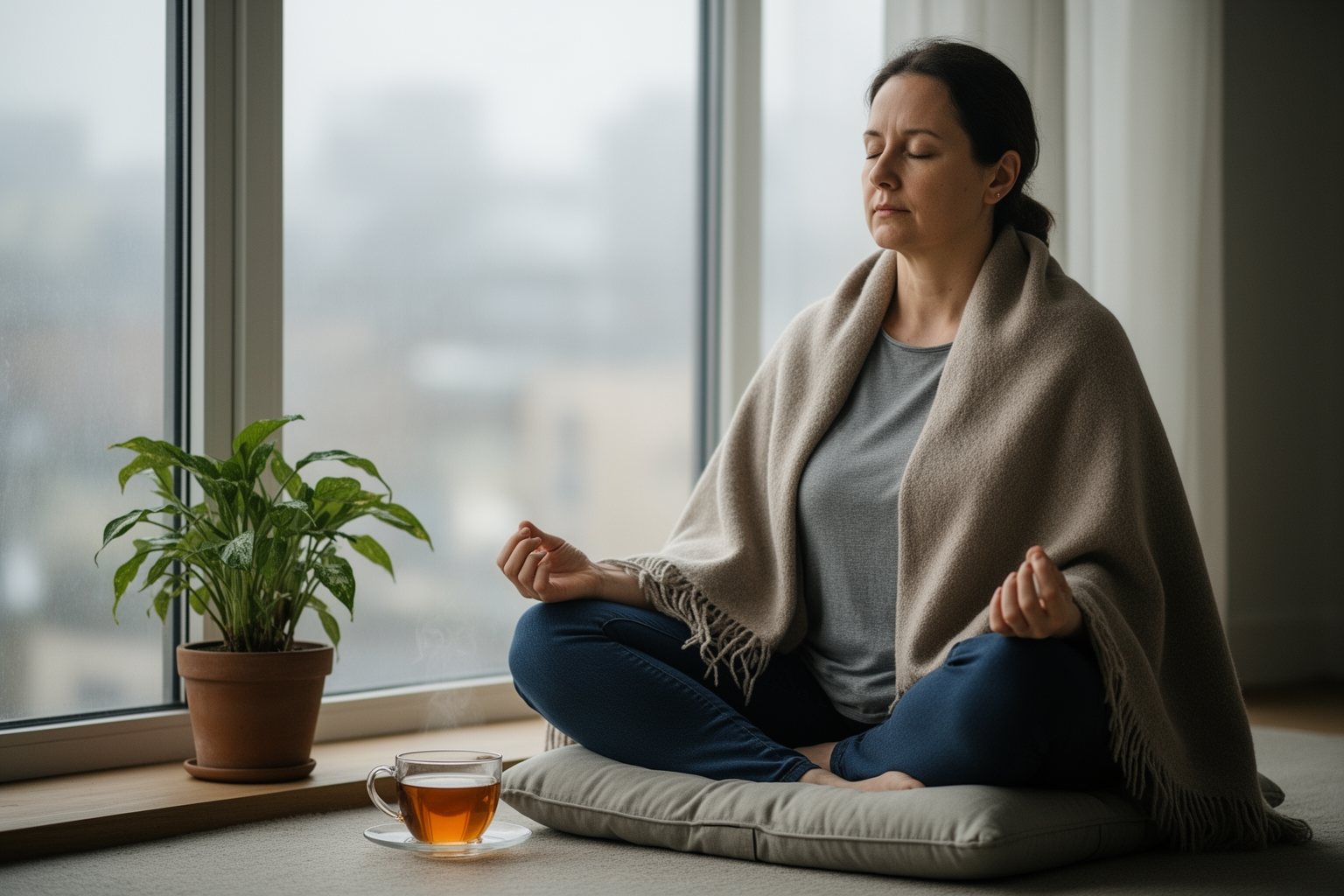 Person meditating on a cushion by a window in soft morning light to prioritise mental health