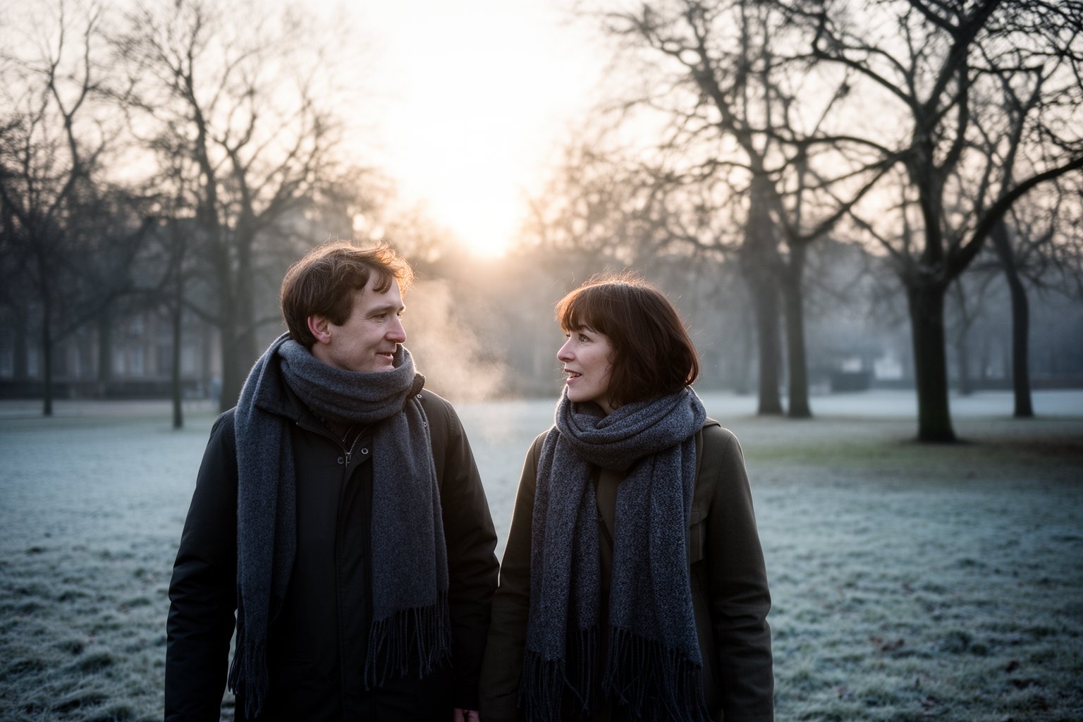 Couple on a fresh New Year's Day walk through a frosty park, talking about goals