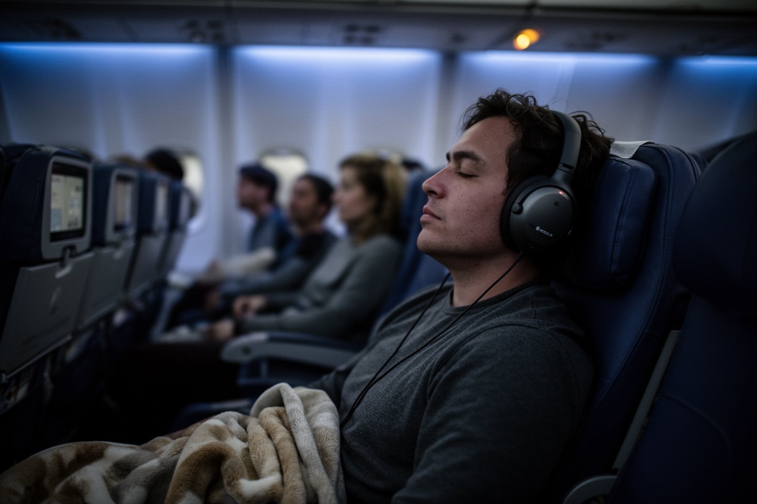 Unveiling The Top 10 Travel Gadgets You Never Knew You Needed Traveler relaxing with noise cancelling headphones in a dim airplane cabin on a long flight