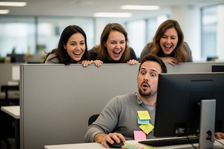 Tech Pranks that Went Viral Coworkers laughing as a colleague discovers a harmless tech prank on his computer