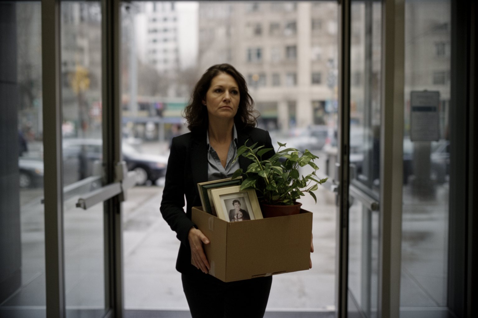 Grit and Grind: Your Layoff Survival Guide Office worker carrying a box of belongings out of a building after being laid off