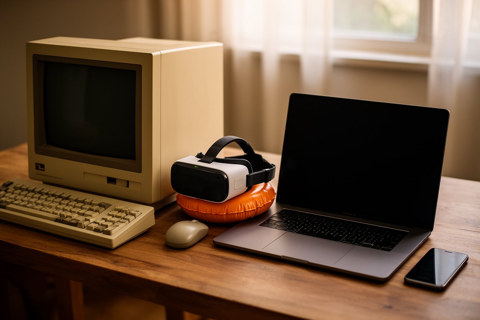 Tech Pranks that Went Viral Desk mixing an old beige computer and a modern laptop and VR headset, the evolution of tech pranks